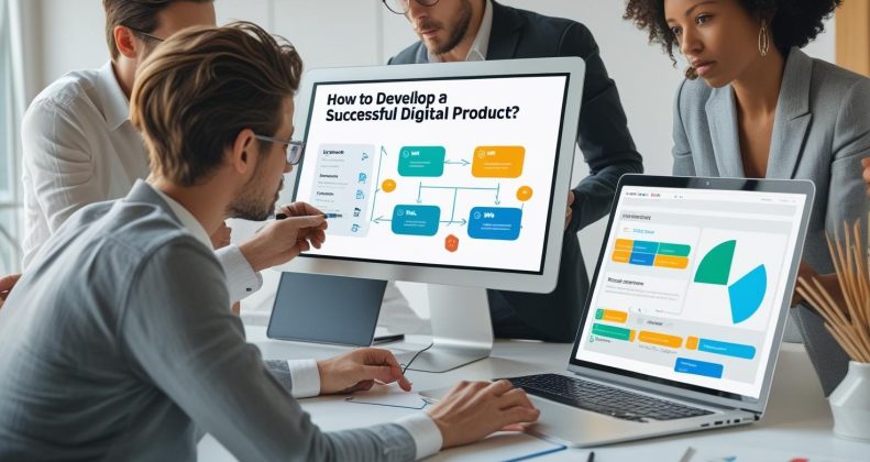 Modern digital product development concept with UI/UX design, teamwork, and innovation strategy