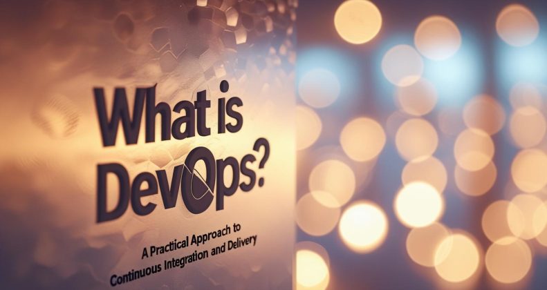 DevOps concept illustration with developers and operations team collaborating using CI/CD pipeline.