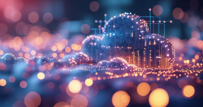 Cloud computing concept with interconnected digital devices, servers, and data flow in a futuristic network.