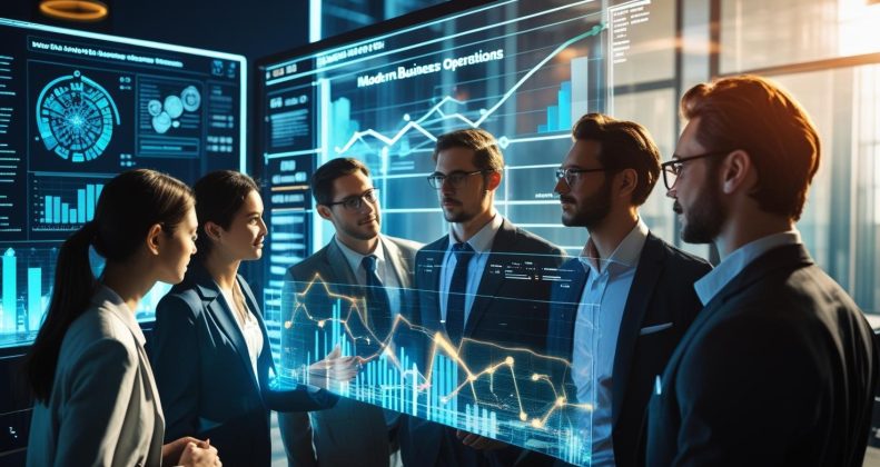 Illustration showing AI and machine learning icons integrated into modern business processes such as data analytics, automation, and decision-making.