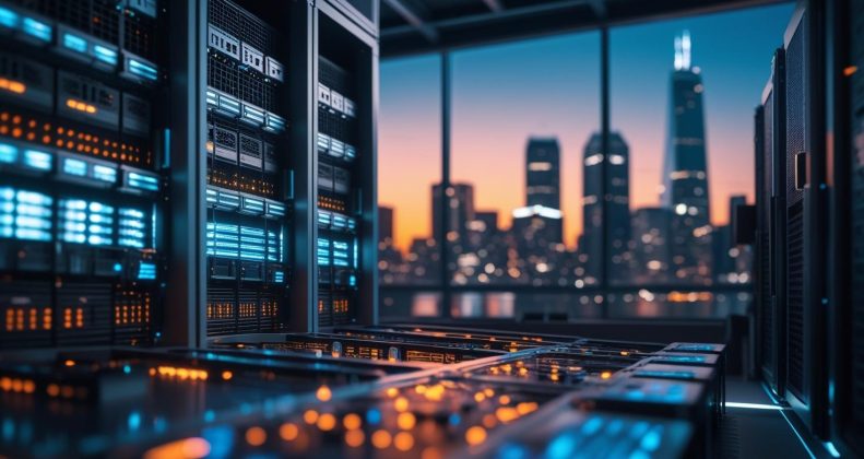 Digital IT infrastructure concept showing cloud computing, servers, and security systems for modern businesses.