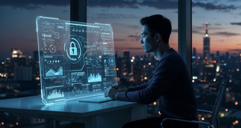 Secure web development concept with shield, code, and HTTPS protocol symbols