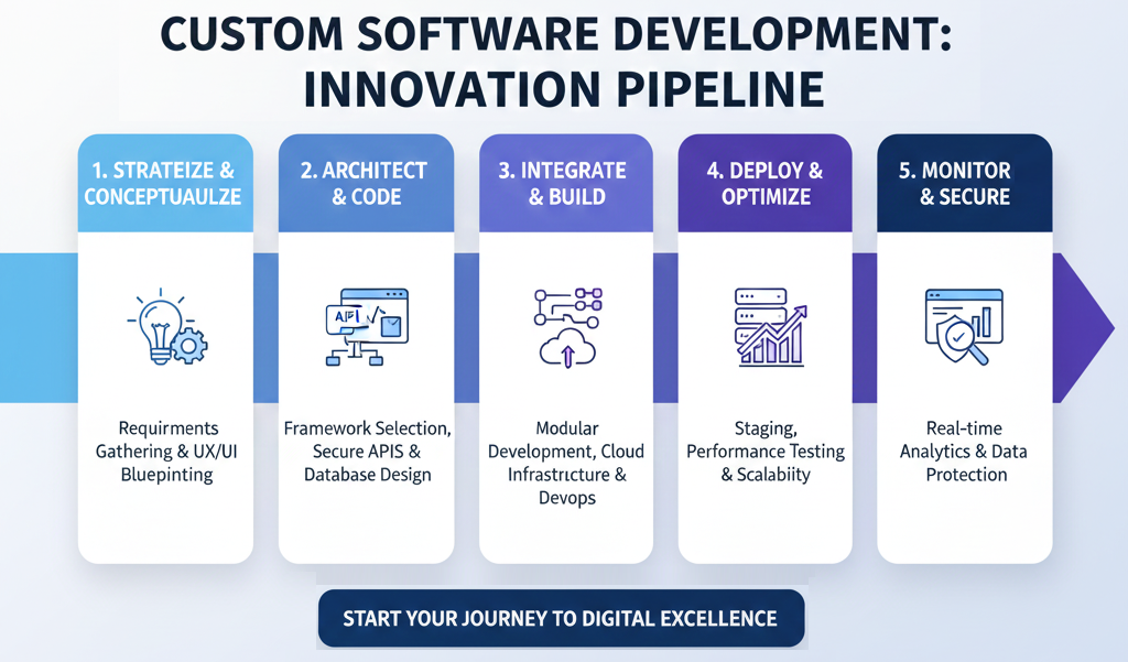 Developers working on advanced custom software development with coding and cloud architecture.