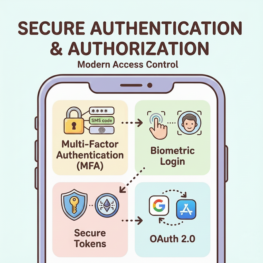 Secure authentication methods for mobile apps including biometrics and multi-factor authentication