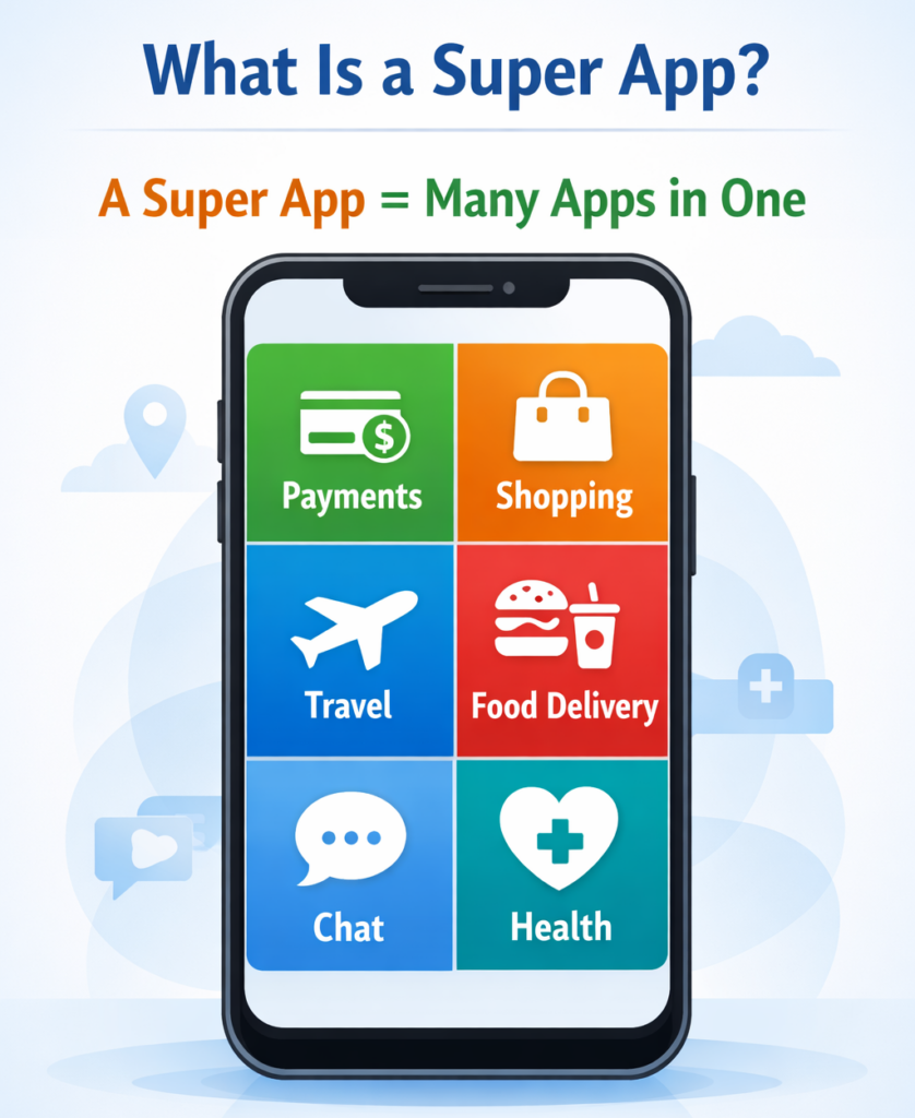 Visual explanation of a super app combining multiple services in one application