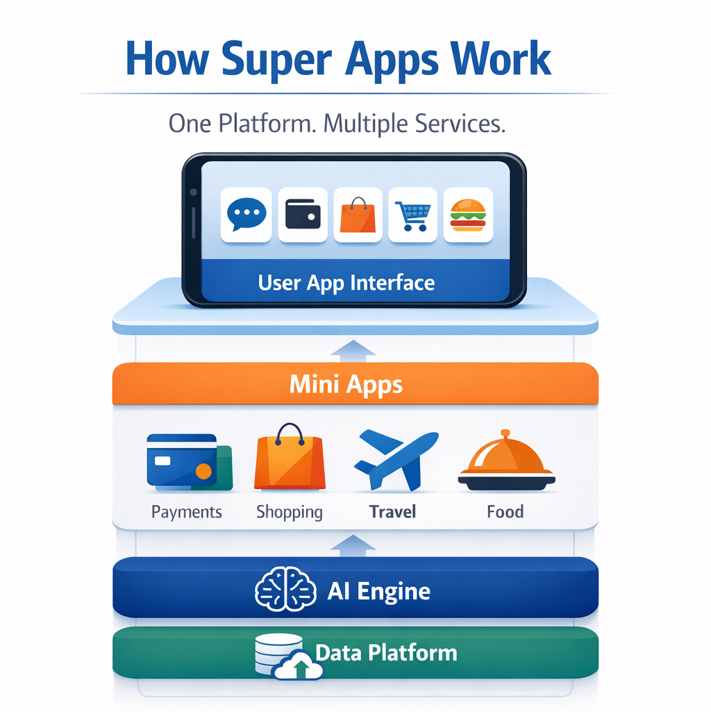 Diagram showing layered architecture of a super app platform