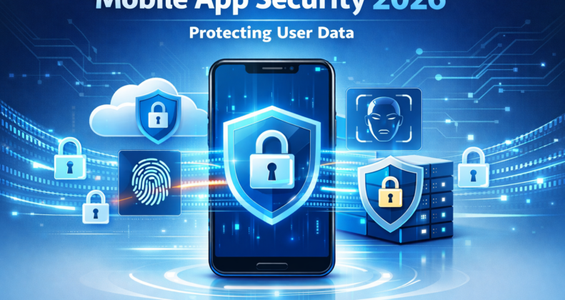 Mobile app security best practices for 2026 showing a smartphone protected by encryption and cybersecurity layers