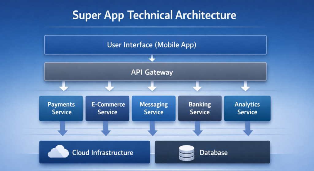 Diagram showing microservices architecture of a super app platform