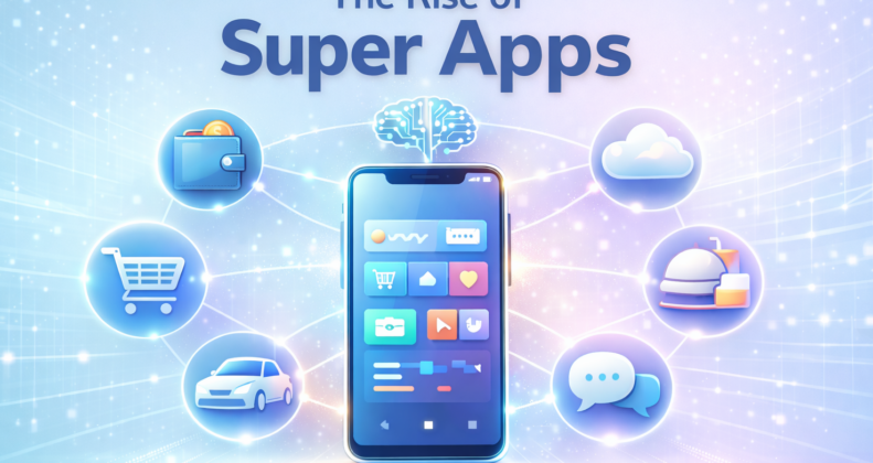 Super apps ecosystem illustration showing multiple digital services connected inside one mobile platform