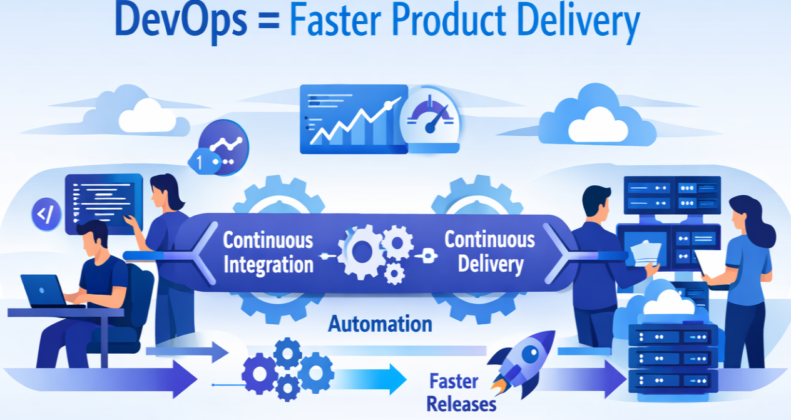 Role of DevOps in faster product delivery visual pipeline illustration