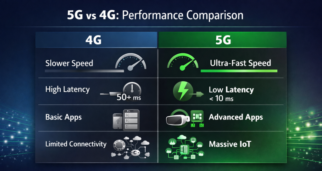 5G vs 4G comparison showing speed and latency differences