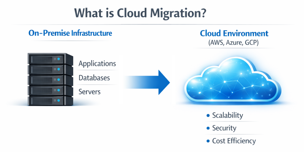 Cloud migration from on-premise infrastructure to cloud environment diagram