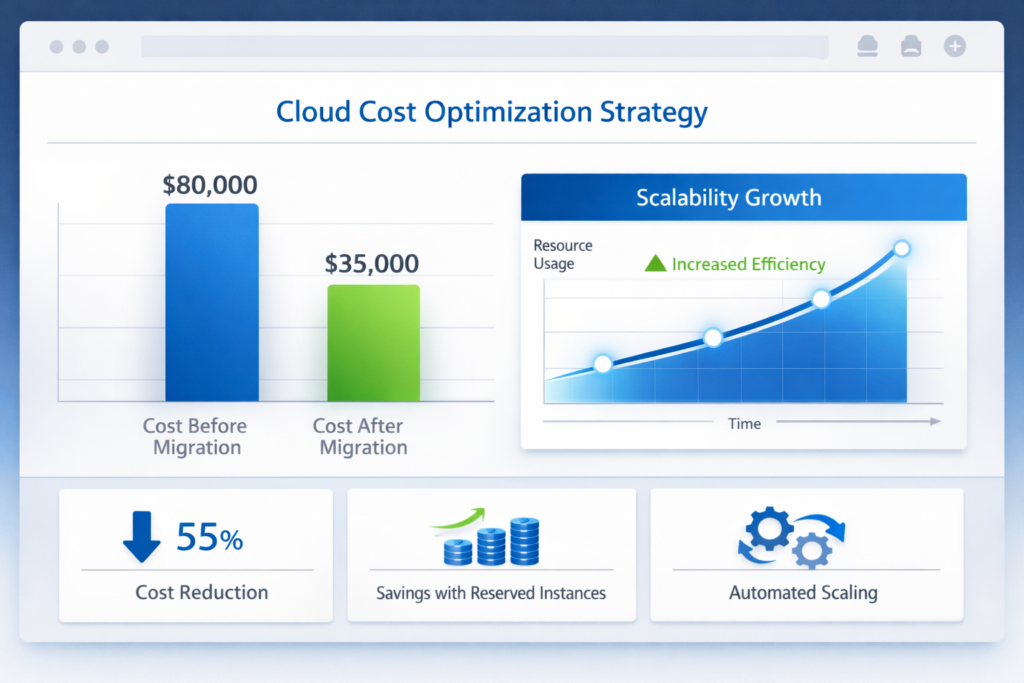 Cloud cost optimization dashboard showing reduced infrastructure expenses