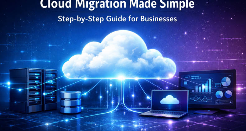 Cloud migration step-by-step guide showing digital cloud infrastructure transformation