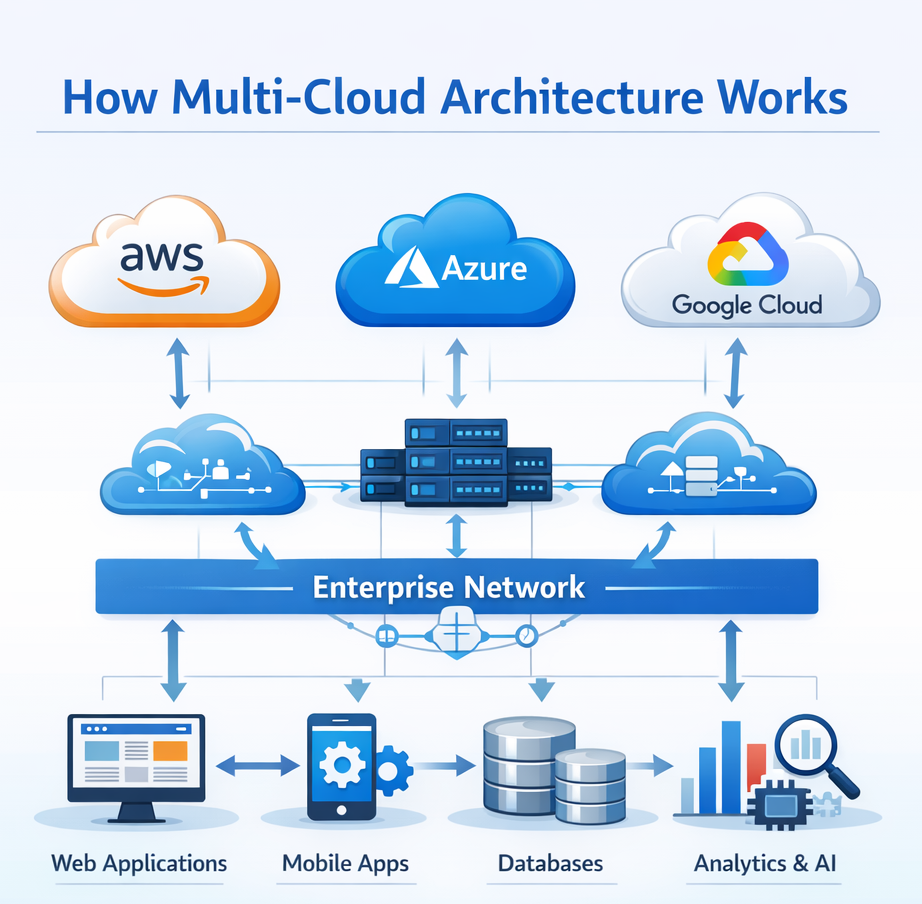 multi cloud architecture diagram showing multiple cloud providers connected to enterprise applications