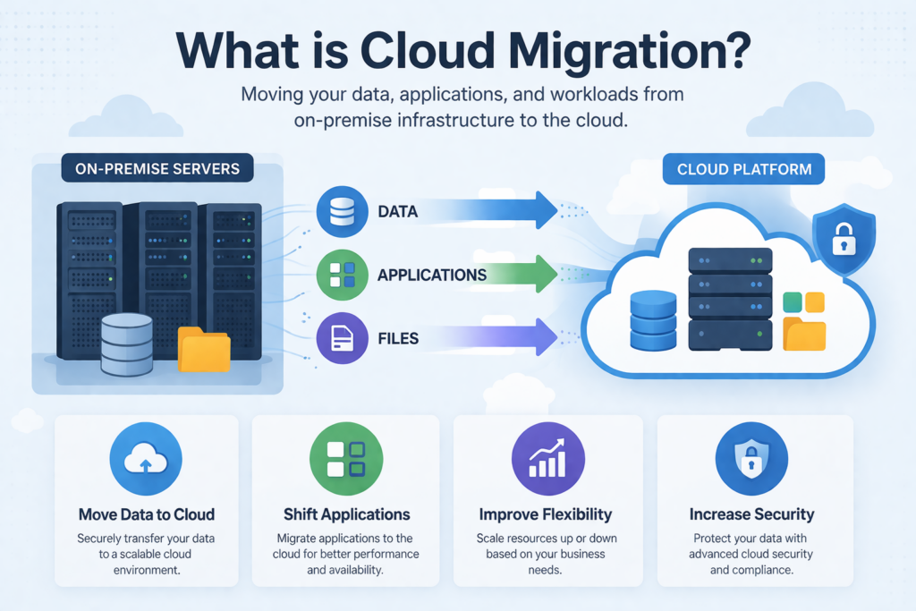 Cloud Migration Made Simple infographic explaining movement of data and applications
