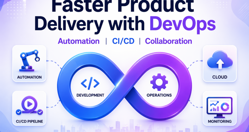 The role of DevOps in faster product delivery concept illustration