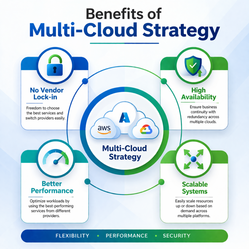 Benefits of multi-cloud strategy including scalability, performance, and availability