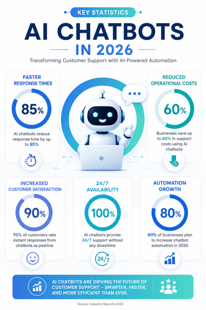 Infographic showing AI chatbot statistics and customer support automation trends in 2026