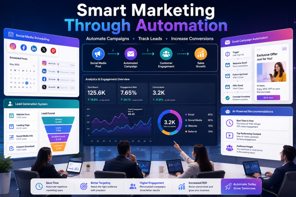 Marketing automation dashboard with social media scheduling and lead generation systems