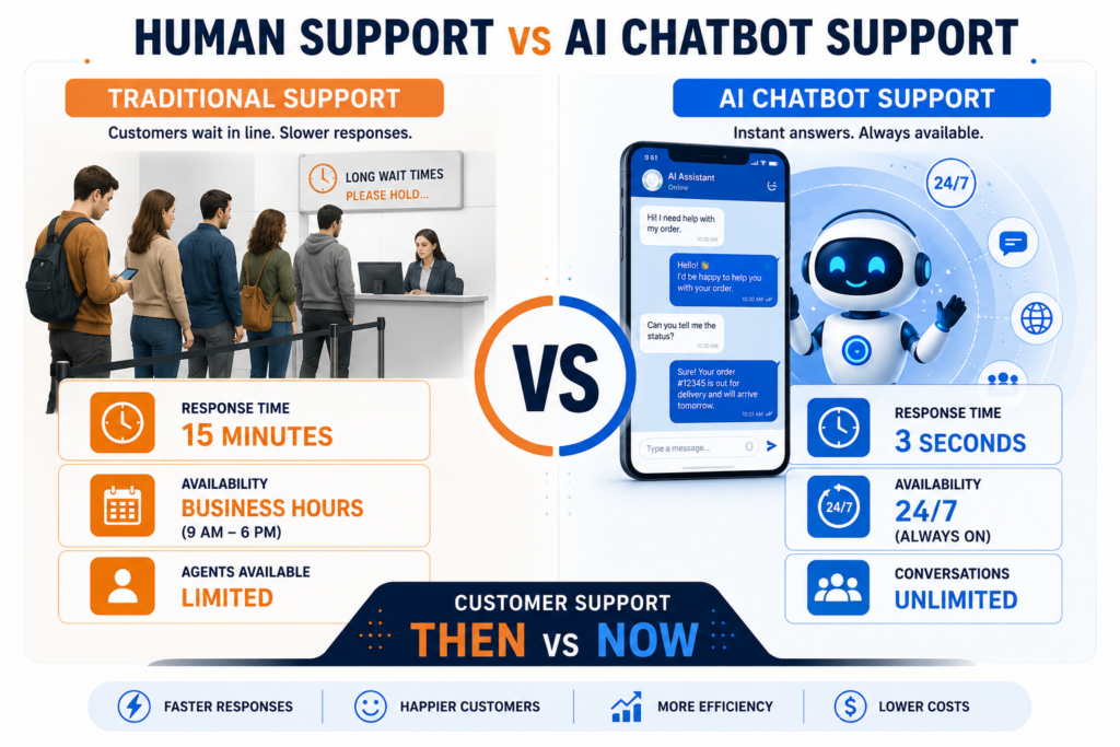 Comparison between traditional support and AI chatbot support