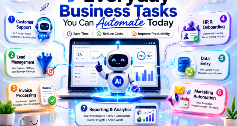 Business task automation infographic showing seven business processes companies can automate.