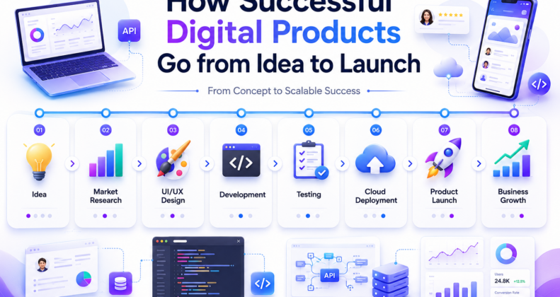 Digital product launch roadmap showing idea to launch process