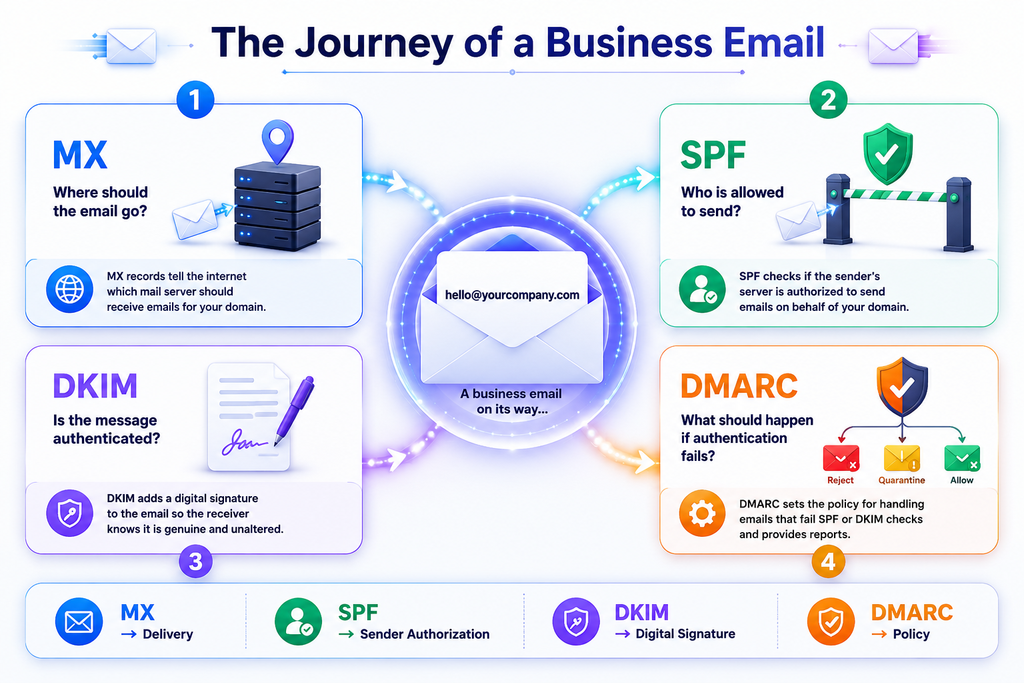 MX SPF DKIM and DMARC explained for business email