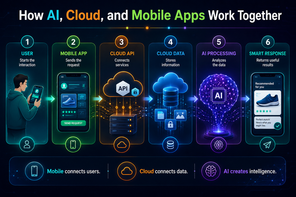 How AI cloud mobile apps work together through cloud APIs and AI processing