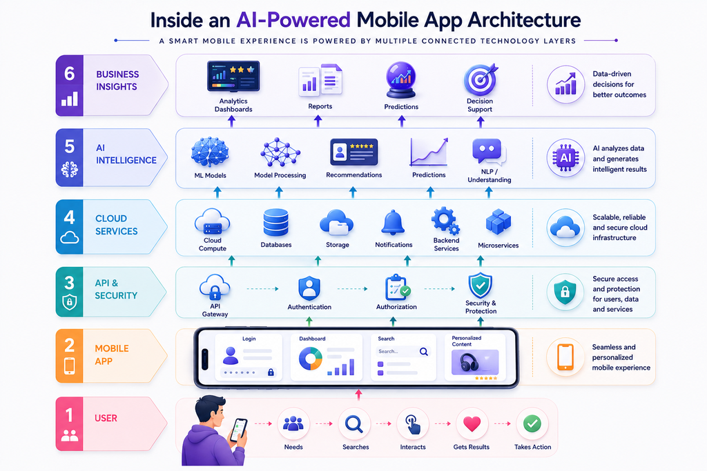 AI cloud mobile apps architecture with APIs, cloud services, and AI intelligence