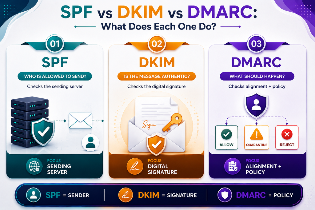 SPF vs DKIM vs DMARC email authentication comparison