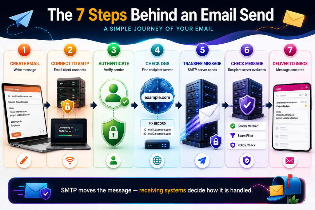 Seven-step SMTP email sending process from creating an email to delivery into the recipient inbox