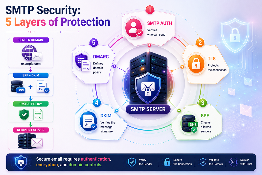 SMTP security explained with SMTP AUTH, TLS, SPF, DKIM, and DMARC
