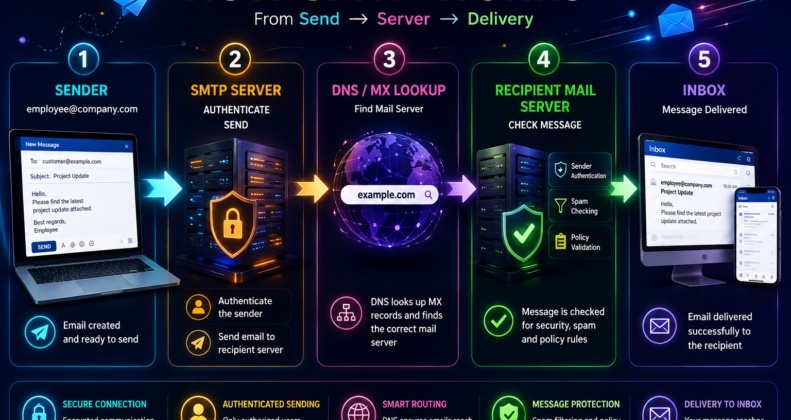 SMTP for business email showing the journey from sender to SMTP server, DNS lookup, recipient mail server, and inbox